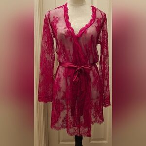 Victoria's Secret Red Lacquer Fishnet Mesh Floral Lace Sheer Robe.